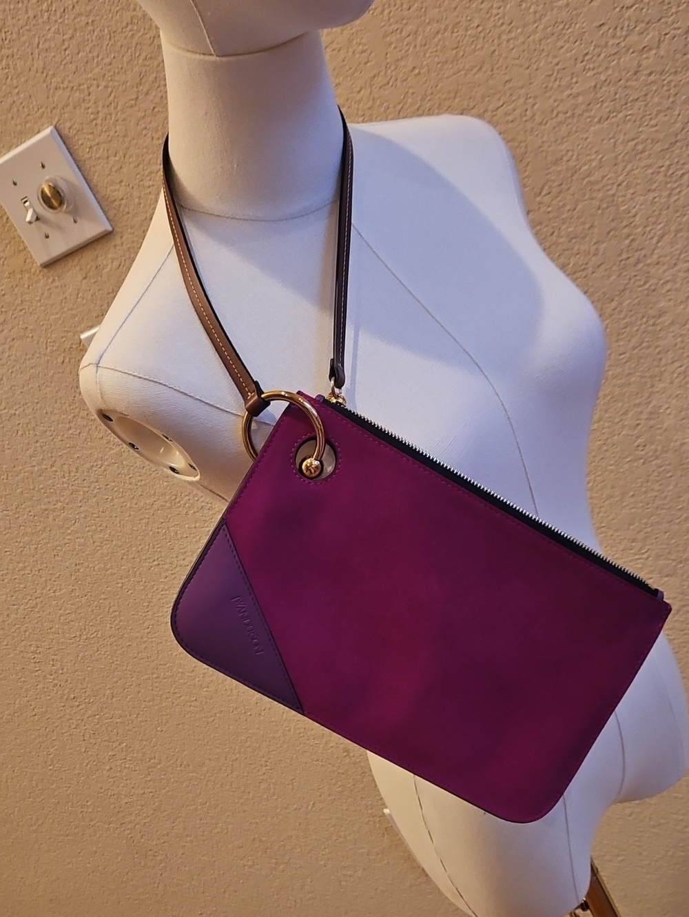 Magenta Suede Clutch Bag with Gold Ring Accent